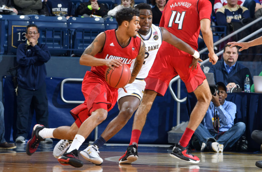 Jan 4, 2017; South Bend, IN, USA; Louisville Cardinals guard Quentin Snider (4) dribbles as Notre Dame Fighting Irish guard T.J. Gibbs (2) defends in the first half at the Purcell Pavilion. Mandatory Credit: Matt Cashore-USA TODAY Sports