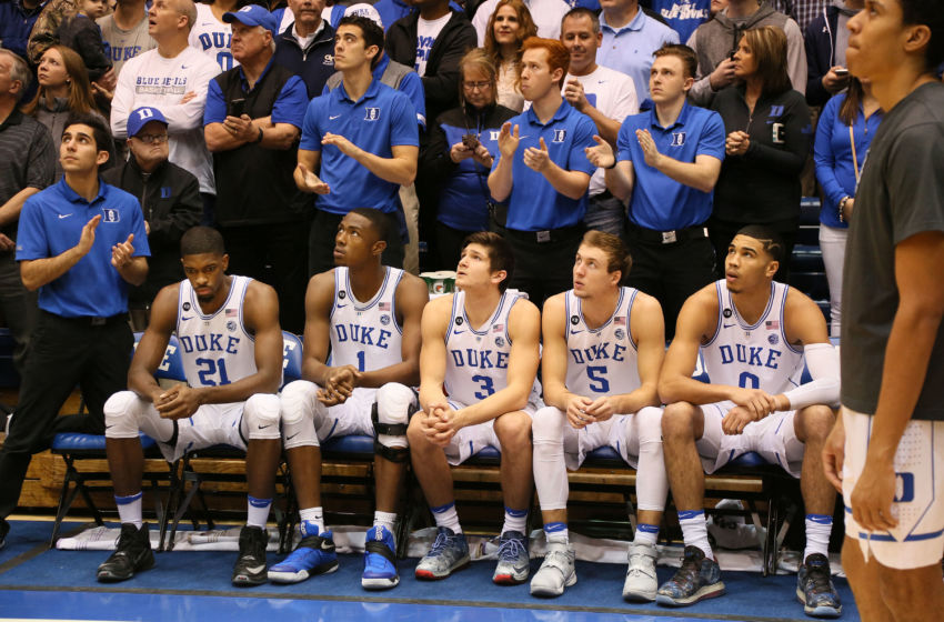 Jan 4, 2017; Durham, NC, USA; Duke Blue Devils starters forward Amile Jefferson (21) and forward Harry Giles (1) and guard Grayson Allen (3) and guard Luke Kennard (5) and forward Jayson Tatum (0) wait to be introduced before the start of their game against the Georgia Tech Yellow Jackets at Cameron Indoor Stadium. Mandatory Credit: Mark Dolejs-USA TODAY Sports