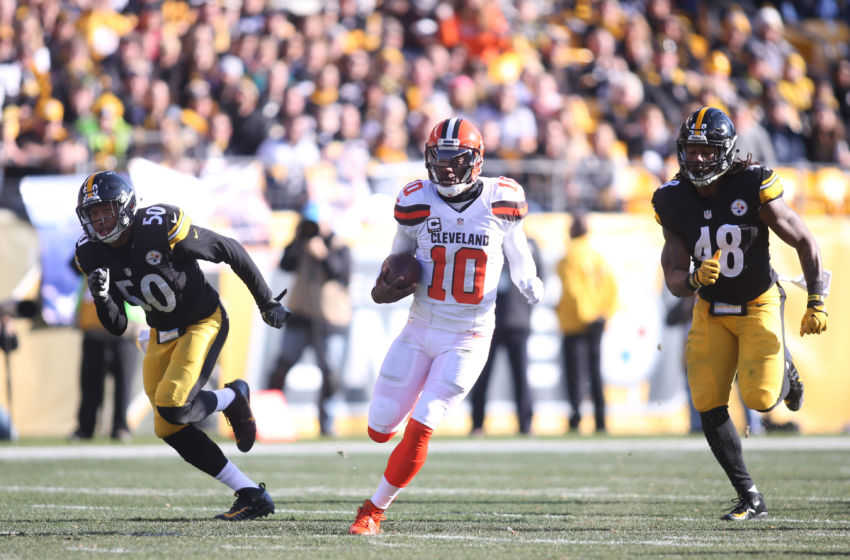 Jan 1, 2017; Pittsburgh, PA, USA; Cleveland Browns quarterback Robert Griffin III (10) scrambles with the ball as Pittsburgh Steelers inside linebacker Ryan Shazier (50) and outside linebacker Bud Dupree (48) chase during the first quarter at Heinz Field. The Steelers won 27-24 in overtime. Mandatory Credit: Charles LeClaire-USA TODAY Sports