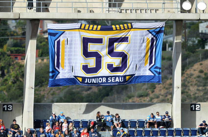 Jan 1, 2017; San Diego, CA, USA; A detailed view of the retired number of San Diego Chargers former player Junior Seau during the second quarter against the Kansas City Chiefs at Qualcomm Stadium. Mandatory Credit: Jake Roth-USA TODAY Sports