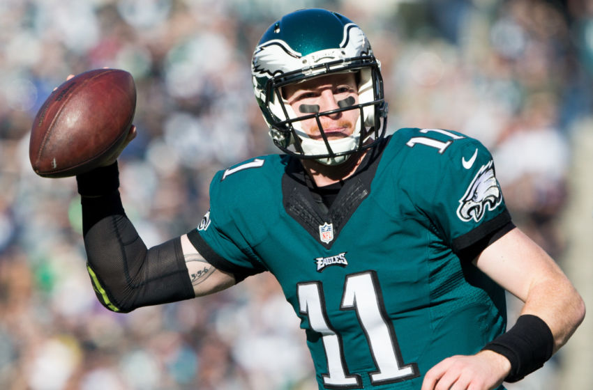 Jan 1, 2017; Philadelphia, PA, USA; Philadelphia Eagles quarterback Carson Wentz (11) drops back to pass against the Dallas Cowboys at Lincoln Financial Field. The Philadelphia Eagles won 27-13. Mandatory Credit: Bill Streicher-USA TODAY Sports
