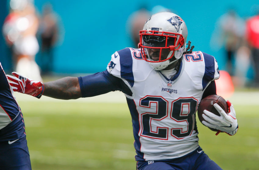 Jan 1, 2017; Miami Gardens, FL, USA; New England Patriots running back LeGarrette Blount (29) during the second quarter of an NFL football game against the Miami Dolphins at Hard Rock Stadium. Mandatory Credit: Reinhold Matay-USA TODAY Sports