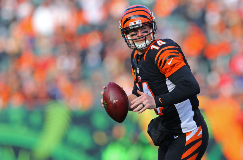Jan 1, 2017; Cincinnati, OH, USA; Cincinnati Bengals quarterback Andy Dalton (14) against the Baltimore Ravens at Paul Brown Stadium. The Bengals won 27-10. Mandatory Credit: Aaron Doster-USA TODAY Sports