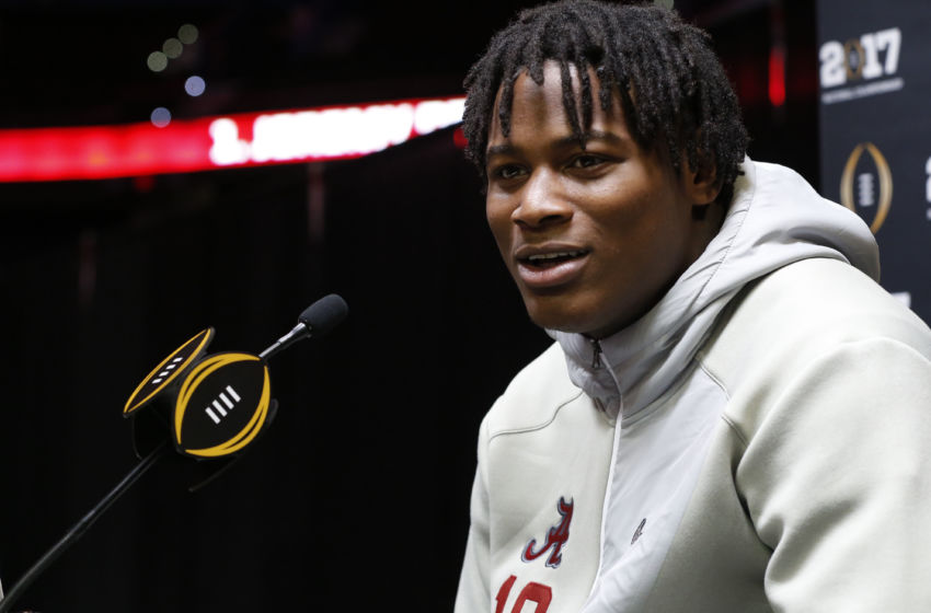 Jan 7, 2017; Tampa, FL, USA; Alabama Crimson Tide linebacker Reuben Foster (10) speaks to media during the Alabama Crimson Tide media day at Amalie Arena. Mandatory Credit: Kim Klement-USA TODAY Sports
