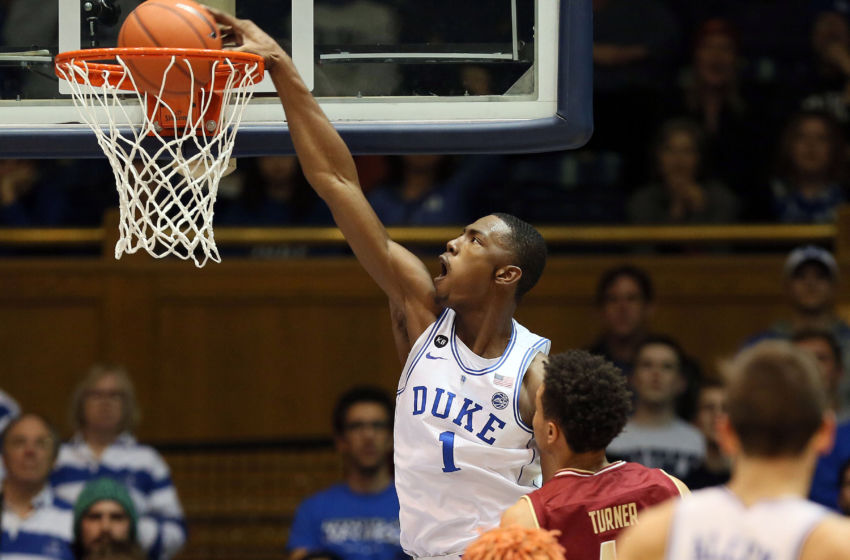 Jan 7, 2017; Durham, NC, USA; Duke Blue Devils forward Harry Giles (1) dunks the ball against Boston College Eagles during the first half of their game at Cameron Indoor Stadium. Mandatory Credit: Mark Dolejs-USA TODAY Sports