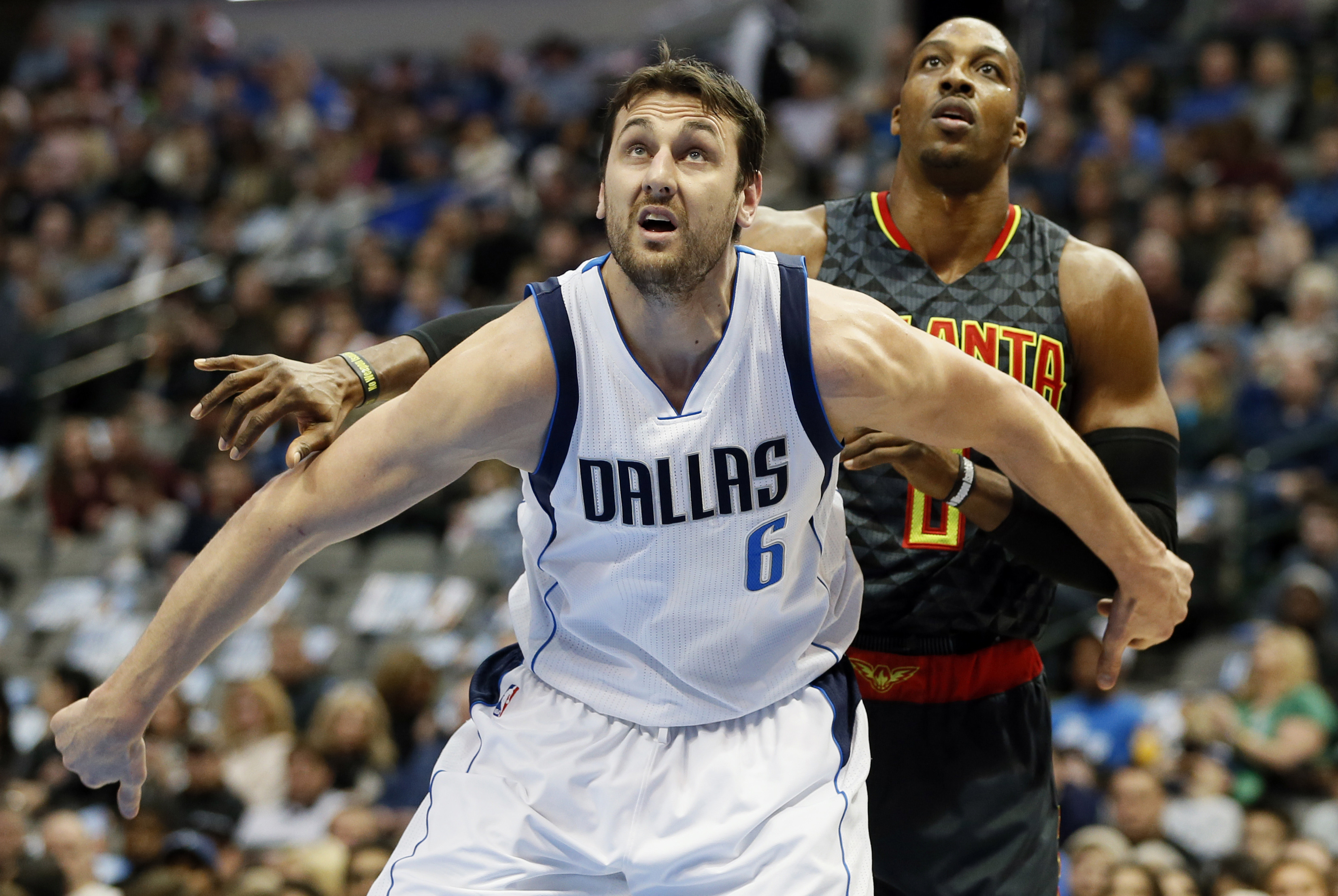 Jan 7, 2017; Dallas, TX, USA; Dallas Mavericks center Andrew Bogut (6) blocks out Atlanta Hawks center Dwight Howard (8) in the first quarter at American Airlines Center. Mandatory Credit: Tim Heitman-USA TODAY Sports