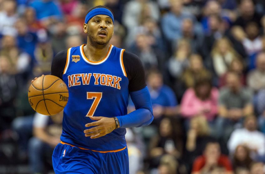 Jan 7, 2017; Indianapolis, IN, USA; New York Knicks forward Carmelo Anthony (7) dribbles the ball in the first half of the game against the Indiana Pacers at Bankers Life Fieldhouse. The Indiana Pacers beat the New York Knicks 123-109.Mandatory Credit: Trevor Ruszkowski-USA TODAY Sports