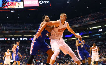 Dec 23, 2016; Phoenix, AZ, USA; Philadelphia 76ers center Jahlil Okafor (8) against Phoenix Suns center Alex Len (21) at Talking Stick Resort Arena. The Suns defeated the 76ers 123-116. Mandatory Credit: Mark J. Rebilas-USA TODAY Sports