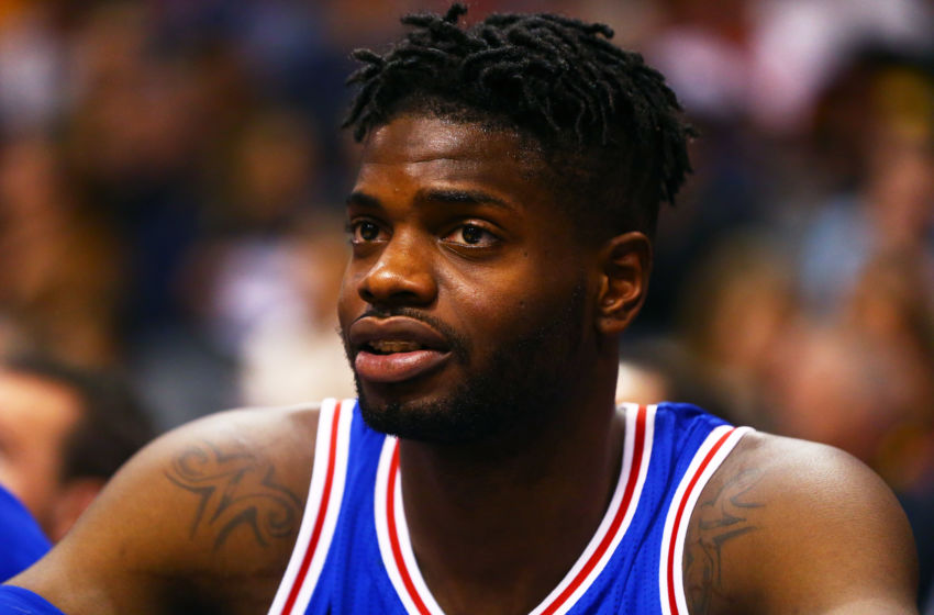 Dec 23, 2016; Phoenix, AZ, USA; Philadelphia 76ers forward Nerlens Noel (4) against the Phoenix Suns at Talking Stick Resort Arena. The Suns defeated the 76ers 123-116. Mandatory Credit: Mark J. Rebilas-USA TODAY Sports