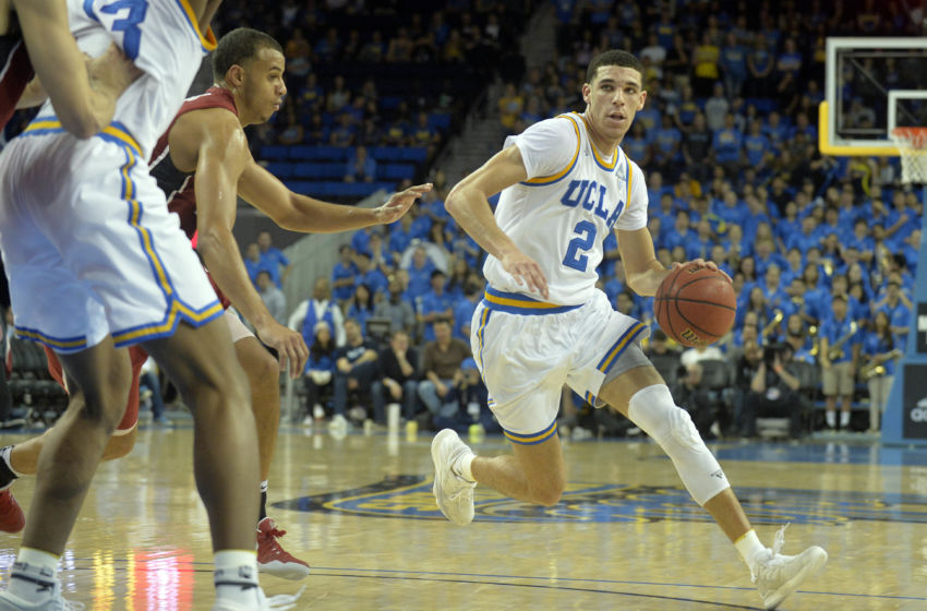 January 8, 2017; Los Angeles, CA, USA; UCLA Bruins guard Lonzo Ball (2) controls the ballagainst the Stanford Cardinal during the second half at Pauley Pavilion. Mandatory Credit: Gary A. Vasquez-USA TODAY Sports