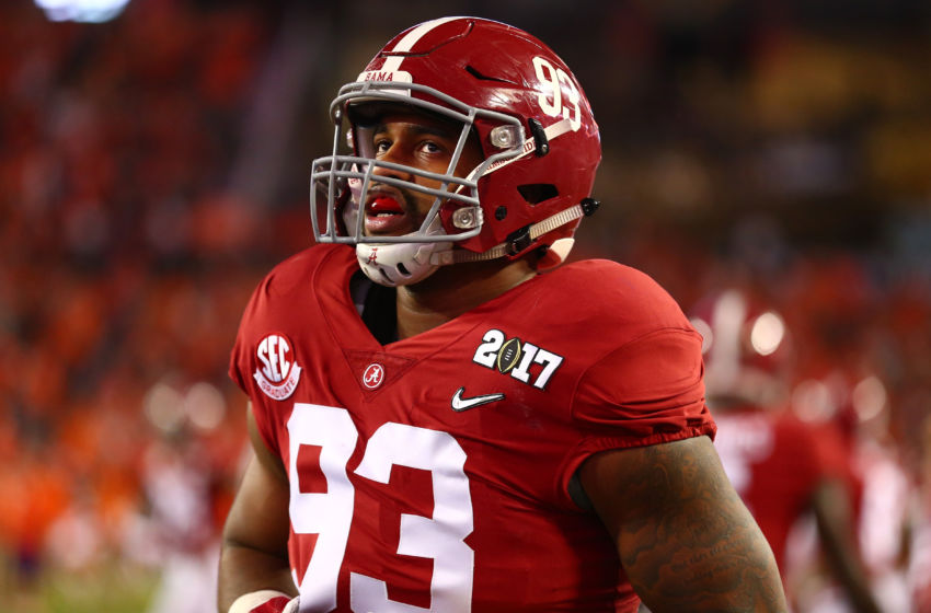 Jan 9, 2017; Tampa, FL, USA; Alabama Crimson Tide defensive lineman Jonathan Allen (93) warms up before in the 2017 College Football Playoff National Championship Game against the Clemson Tigers at Raymond James Stadium. Mandatory Credit: Mark J. Rebilas-USA TODAY Sports