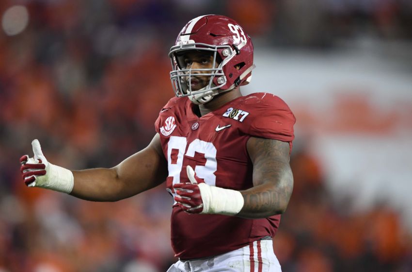 Jan 9, 2017; Tampa, FL, USA; Alabama Crimson Tide defensive lineman Jonathan Allen (93) reacts during the second quarter against the Clemson Tigers in the 2017 College Football Playoff National Championship Game at Raymond James Stadium. Mandatory Credit: John David Mercer-USA TODAY Sports