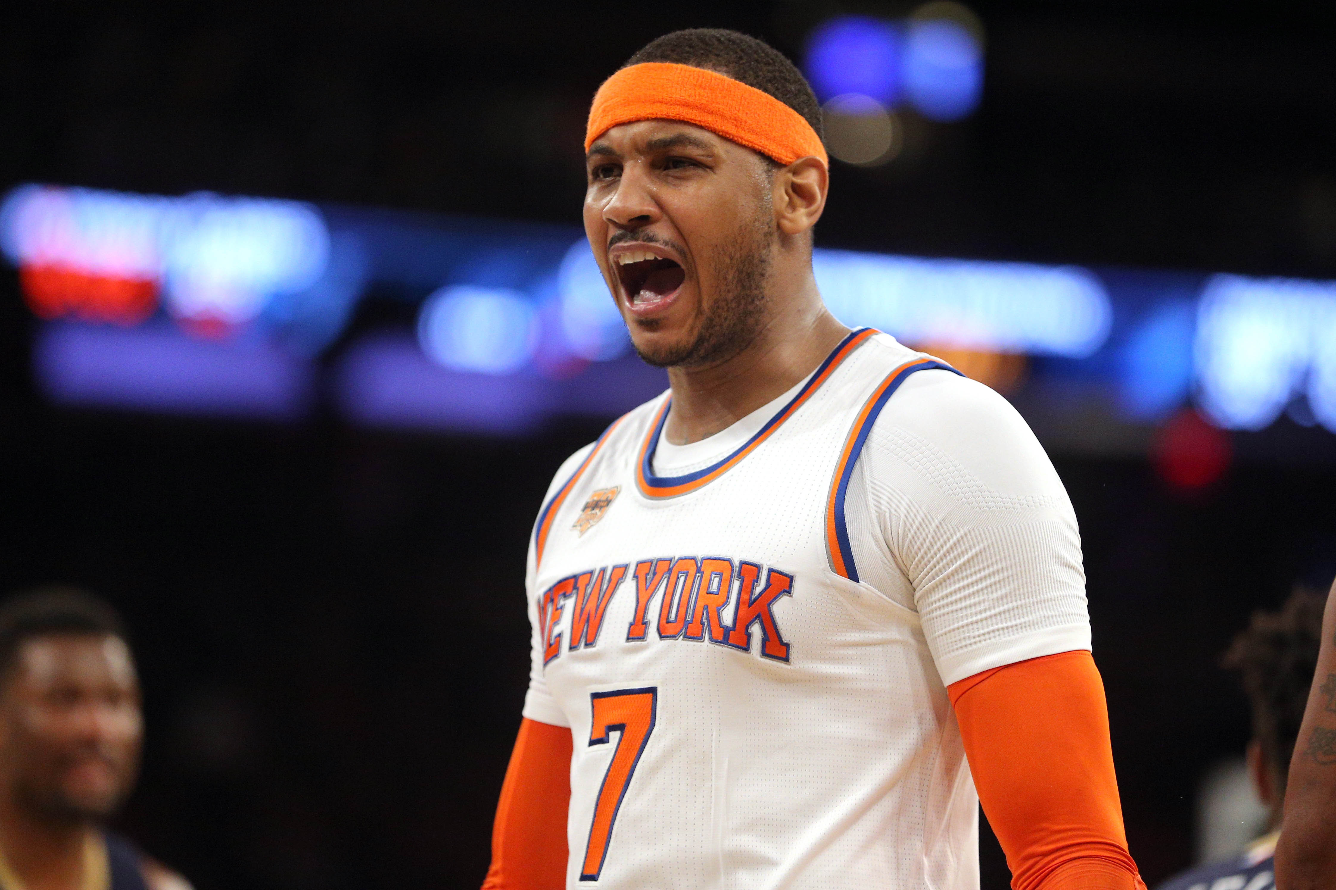 Jan 9, 2017; New York, NY, USA; New York Knicks forward Carmelo Anthony (7) reacts after being ejected during the third quarter against the New Orleans Pelicans at Madison Square Garden. Mandatory Credit: Brad Penner-USA TODAY Sports