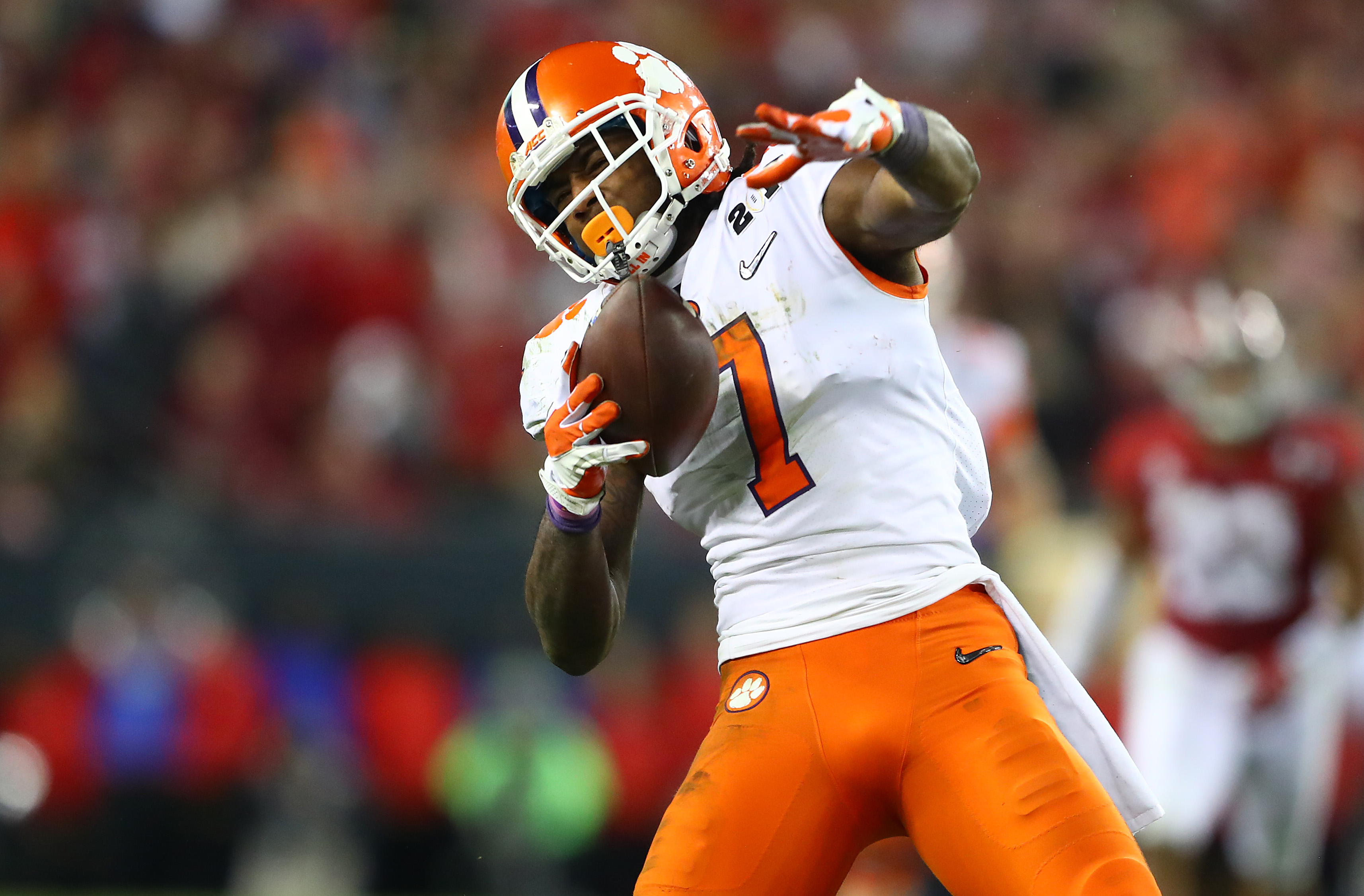 Jan 9, 2017; Tampa, FL, USA; Clemson Tigers wide receiver Mike Williams (7) reacts after a catch during the fourth quarter against the Alabama Crimson Tide in the 2017 College Football Playoff National Championship Game at Raymond James Stadium. Mandatory Credit: Mark J. Rebilas-USA TODAY Sports