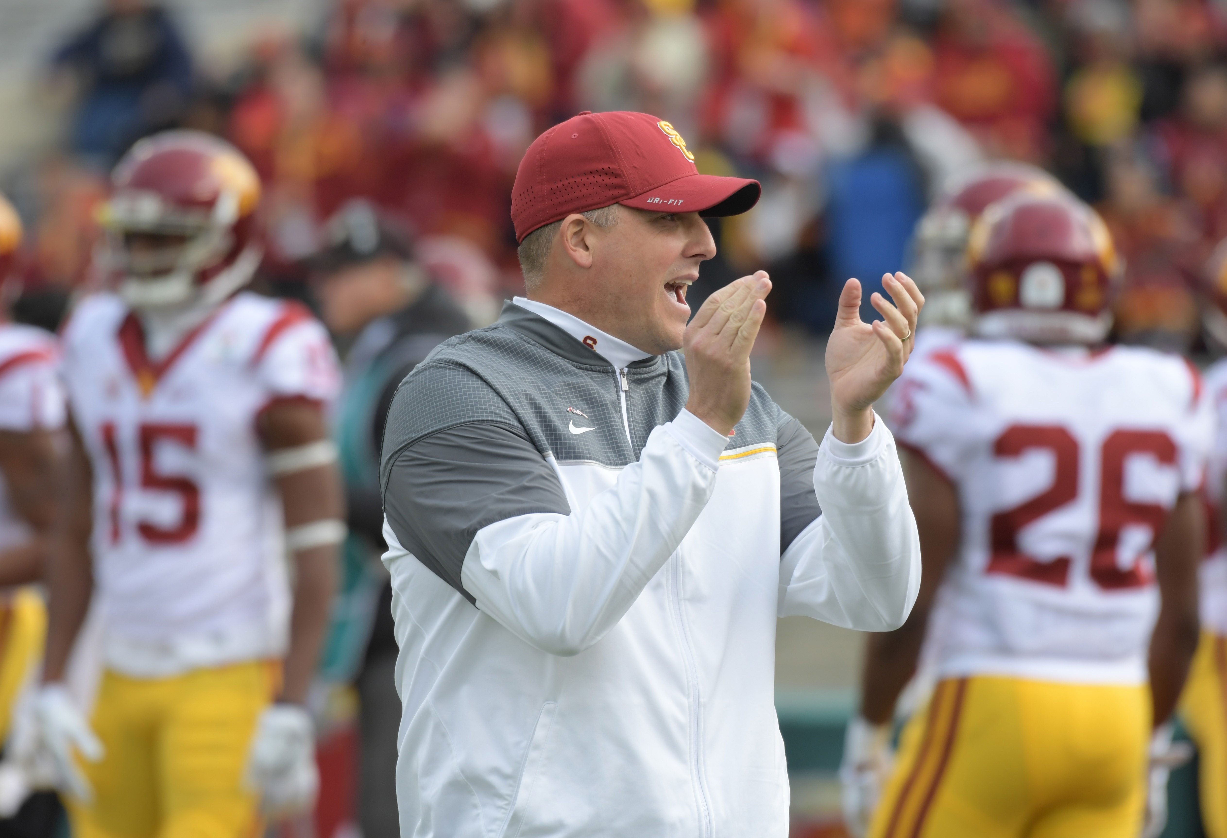Jan 2, 2017; Pasadena, CA, USA; USC Trojans coach Clay Helton reacts during the 103rd Rose Bowl against the Penn State Nittany Lions at Rose Bowl. USC defeated Penn State 52-49 in the highest scoring game in Rose Bowl history. Mandatory Credit: Kirby Lee-USA TODAY Sports