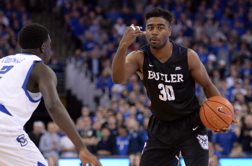 Jan 11, 2017; Omaha, NE, USA; Butler Bulldogs forward Kelan Martin (30) signals against Creighton Bluejays guard Khyri Thomas (2) at CenturyLink Center Omaha. Mandatory Credit: Steven Branscombe-USA TODAY Sports