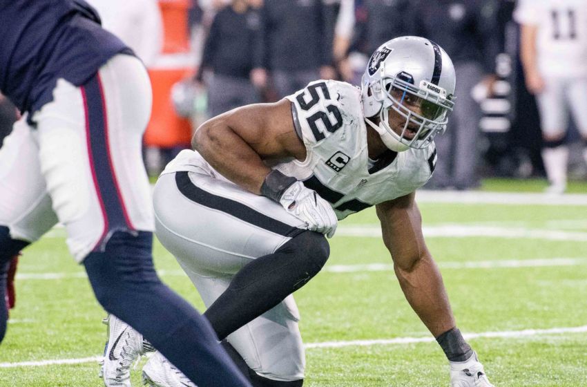 Jan 7, 2017; Houston, TX, USA; Oakland Raiders defensive end Khalil Mack (52) in action against the Houston Texans during the AFC Wild Card playoff football game at NRG Stadium. Mandatory Credit: Jerome Miron-USA TODAY Sports