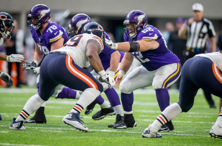 Jan 1, 2017; Minneapolis, MN, USA; Minnesota Vikings center Nicholas Easton (62) blocks Chicago Bears defensive lineman C.J. Wilson (69) in the fourth quarter at U.S. Bank Stadium. The Vikings win 38-10. Mandatory Credit: Bruce Kluckhohn-USA TODAY Sports