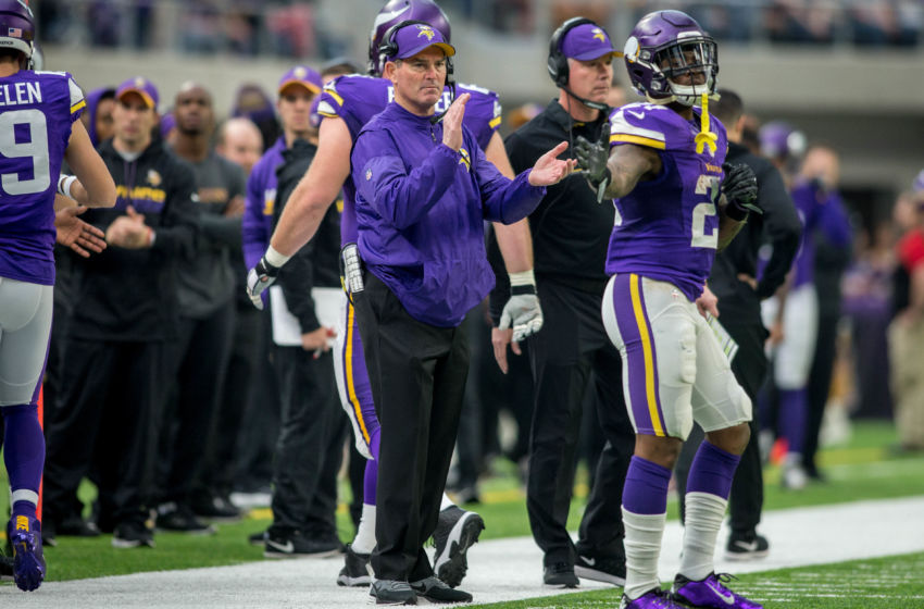 Jan 1, 2017; Minneapolis, MN, USA; Minnesota Vikings head coach Mike Zimmer celebrates a touchdown against the Chicago Bears in the second quarter at U.S. Bank Stadium. The Vikings win 38-10. Mandatory Credit: Bruce Kluckhohn-USA TODAY Sports