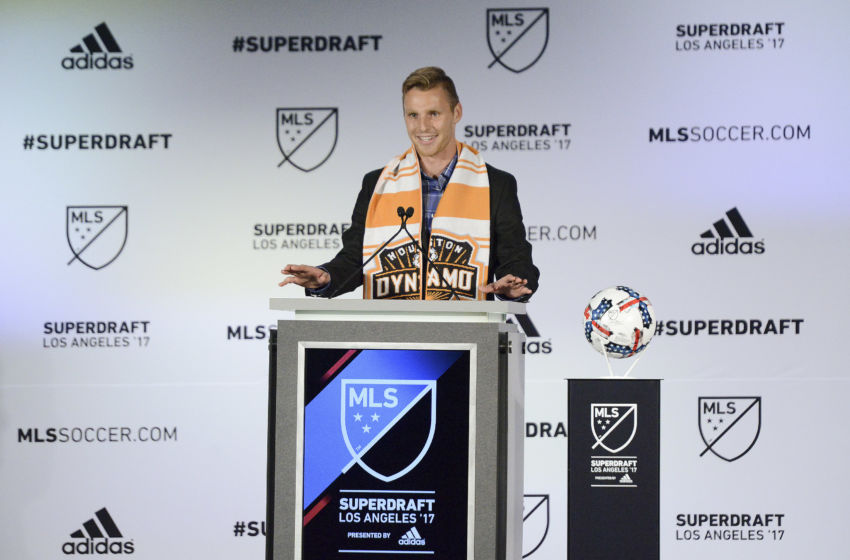 Jan 13, 2017; Los Angeles, CA, USA; Jack McGuire is selected with the eighth pick in the second round during the 2017 MLS SuperDraft by the Houston Dynamo at the Los Angeles Convention Center. Mandatory Credit: Kirby Lee-USA TODAY Sports
