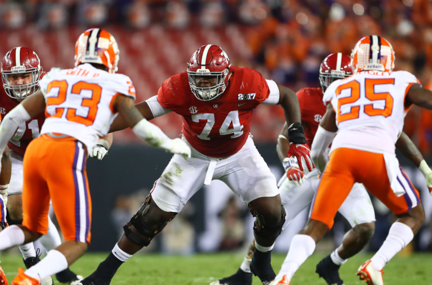 Jan 9, 2017; Tampa, FL, USA; Alabama Crimson Tide offensive lineman Cam Robinson (74) in the 2017 College Football Playoff National Championship Game against the Clemson Tigers at Raymond James Stadium. Mandatory Credit: Mark J. Rebilas-USA TODAY Sports