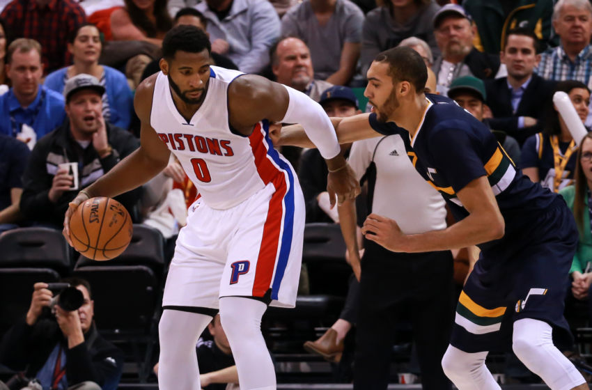 Jan 13, 2017; Salt Lake City, UT, USA; Detroit Pistons center Andre Drummond (0) keeps Utah Jazz center Rudy Gobert (27) away from the ball during the third quarter at Vivint Smart Home Arena. Utah Jazz won the game 110-77. Mandatory Credit: Chris Nicoll-USA TODAY Sports