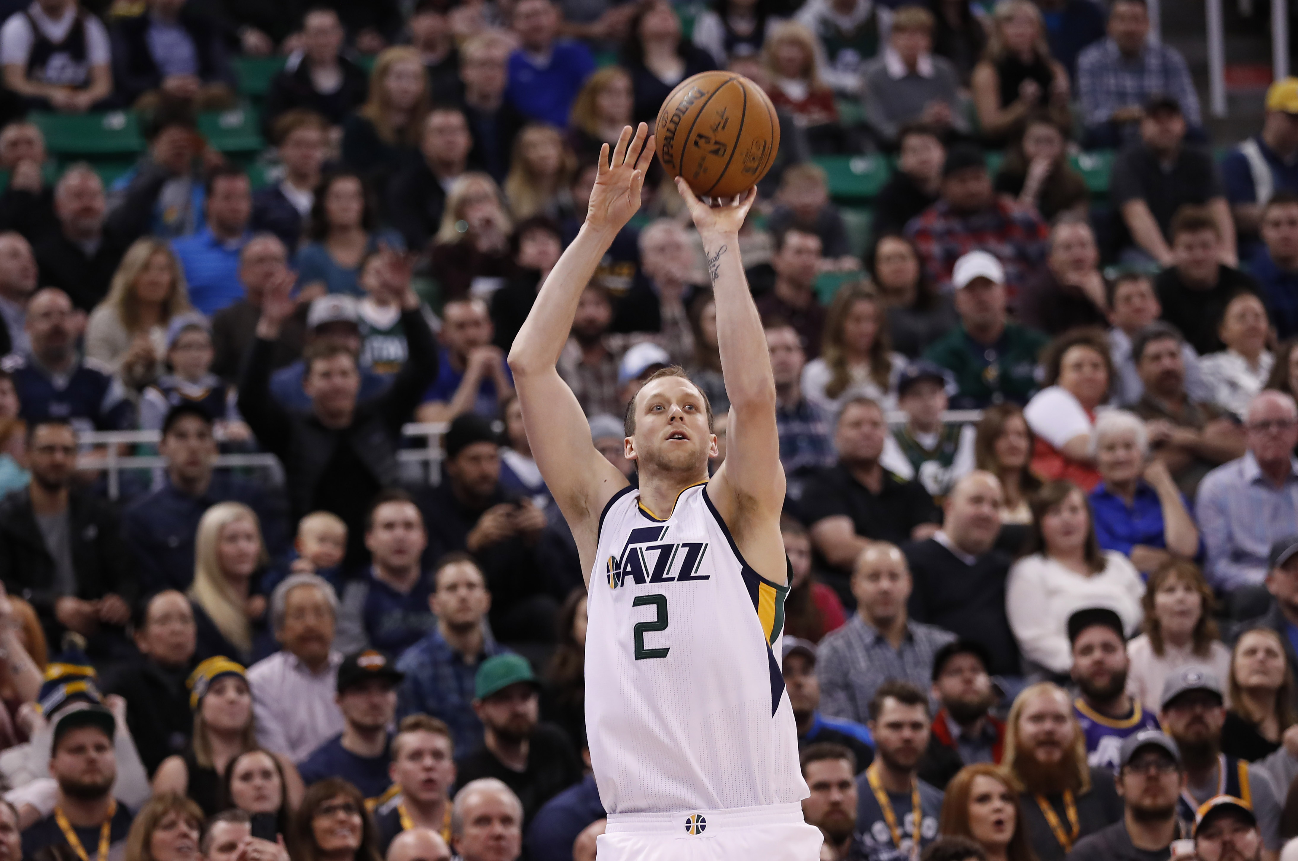 Jan 14, 2017; Salt Lake City, UT, USA; Utah Jazz forward Joe Ingles (2) shoots a three-pointer against the Orlando Magic in the fourth quarter at Vivint Smart Home Arena. The Utah Jazz defeated the Orlando Magic 114-107. Mandatory Credit: Jeff Swinger-USA TODAY Sports