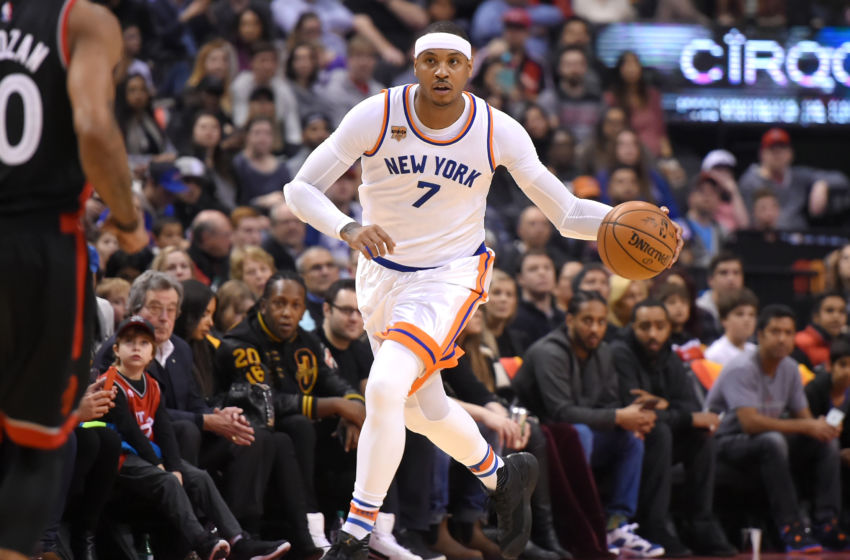 Jan 15, 2017; Toronto, Ontario, CAN; New York Knicks forward Carmelo Anthony (7) dribbles the ball up court against Toronto Raptors in the first half at Air Canada Centre. Mandatory Credit: Dan Hamilton-USA TODAY Sports
