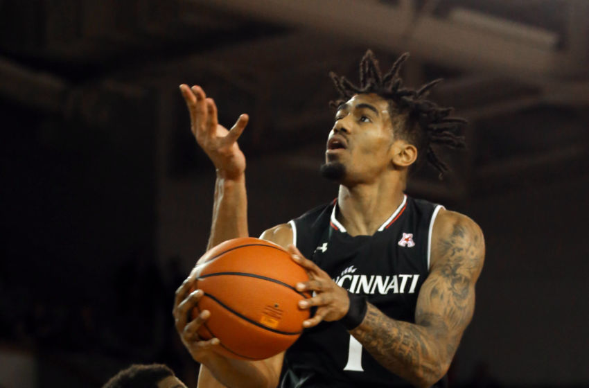 Jan 15, 2017; Greenville, NC, USA; Cincinnati Bearcats guard Jacob Evans (1) goes to the basket against the Cincinnati Bearcats at Williams Arena at Minges Coliseum. The Cincinnati Bearcats defeated the East Carolina Pirates 55-46. Mandatory Credit: James Guillory-USA TODAY Sports