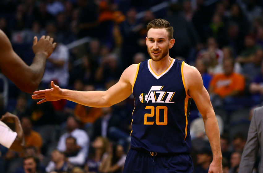 Jan 16, 2017; Phoenix, AZ, USA; Utah Jazz forward Gordon Hayward (20) celebrates in the closing seconds of the game against the Phoenix Suns at Talking Stick Resort Arena. The Jazz defeated the Suns 106-101. Mandatory Credit: Mark J. Rebilas-USA TODAY Sports