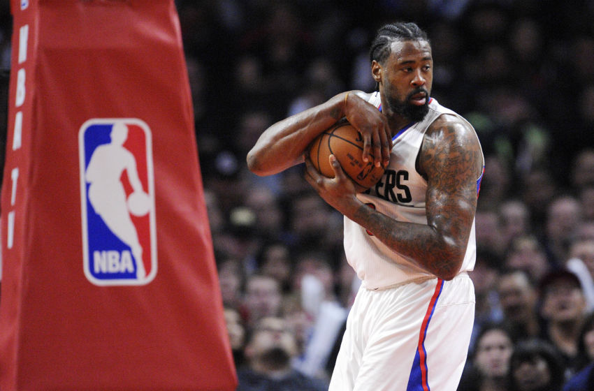 January 16, 2017; Los Angeles, CA, USA; Los Angeles Clippers center DeAndre Jordan (6) grabs a rebound against the Oklahoma City Thunder during the second half at Staples Center. Mandatory Credit: Gary A. Vasquez-USA TODAY Sports