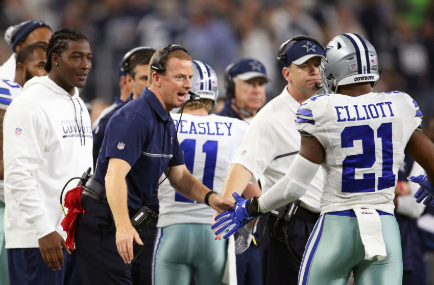 Jan 15, 2017; Arlington, TX, USA; Dallas Cowboys head coach Jason Garrett celebrates a touchdown with running back Ezekiel Elliott (21) against the Green Bay Packers in the NFC Divisional playoff game at AT&T Stadium. Mandatory Credit: Matthew Emmons-USA TODAY Sports