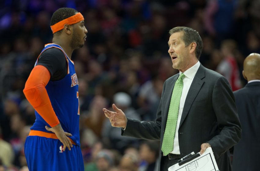 Jan 11, 2017; Philadelphia, PA, USA; New York Knicks head coach Jeff Hornacek talks with forward Carmelo Anthony (7) in a game against the Philadelphia 76ers at Wells Fargo Center. The Philadelphia 76ers won 98-97. Mandatory Credit: Bill Streicher-USA TODAY Sports