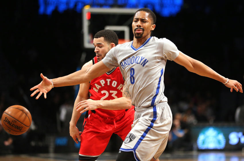 Jan 17, 2017; Brooklyn, NY, USA; Toronto Raptors point guard Fred VanVleet (23) steals the ball from Brooklyn Nets point guard Spencer Dinwiddie (8) during the fourth quarter at Barclays Center. Mandatory Credit: Brad Penner-USA TODAY Sports