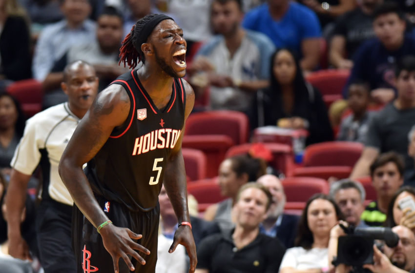 Jan 17, 2017; Miami, FL, USA; Houston Rockets forward Montrezl Harrell (5) screams out after dunking the ball against the Miami Heat during the second half at American Airlines Arena. The Heat won 109-103. Mandatory Credit: Steve Mitchell-USA TODAY Sports