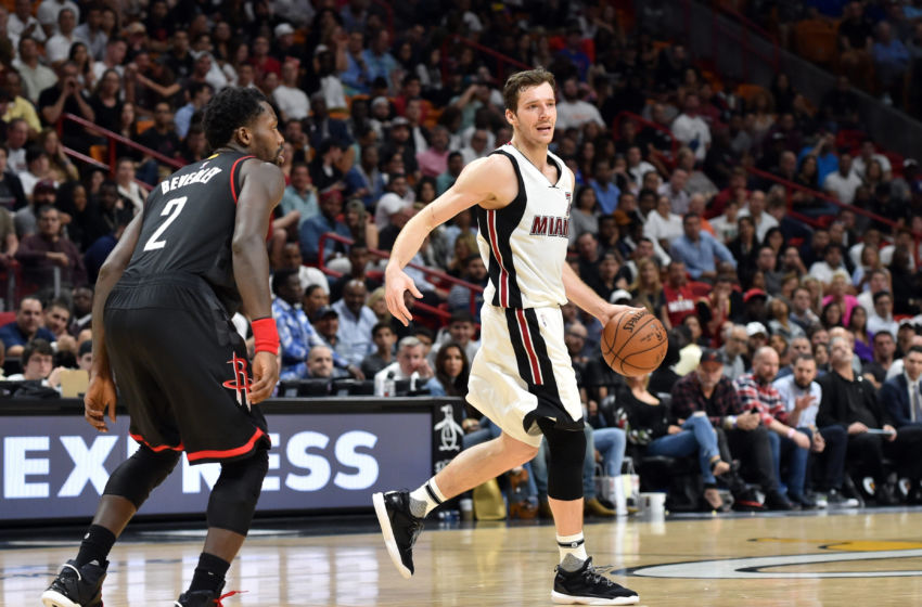 Jan 17, 2017; Miami, FL, USA; Miami Heat guard Goran Dragic (7) dribbles the ball against Houston Rockets guard Patrick Beverley (2) during the second half at American Airlines Arena. The Heat won 109-103. Mandatory Credit: Steve Mitchell-USA TODAY Sports