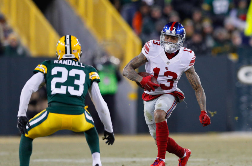 Jan 8, 2017; Green Bay, WI, USA; New York Giants wide receiver Odell Beckham Jr. (13) during the game against the Green Bay Packers at Lambeau Field. Mandatory Credit: Jeff Hanisch-USA TODAY Sports
