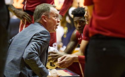 Jan 18, 2017; Morgantown, WV, USA; Oklahoma Sooners head coach Lon Kruger talks to his team during a timeout during the first half against the West Virginia Mountaineers at WVU Coliseum. Mandatory Credit: Ben Queen-USA TODAY Sports