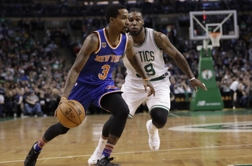 Jan 18, 2017; Boston, MA, USA; New York Knicks guard Brandon Jennings (3) drives the ball against Boston Celtics forward Jae Crowder (99) in the first quarter at TD Garden. Mandatory Credit: David Butler II-USA TODAY Sports