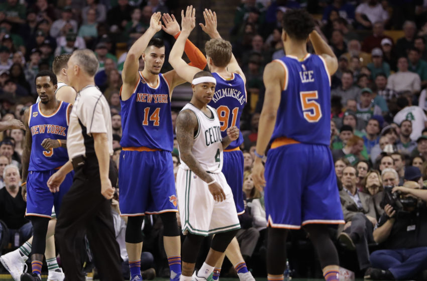 Jan 18, 2017; Boston, MA, USA; New York Knicks center Willy Hernangomez (14) and forward Mindaugas Kuzminskas (91) react after a play against the Boston Celtics in the second half at TD Garden. The Knicks defeated the Celtics 117-106. Mandatory Credit: David Butler II-USA TODAY Sports