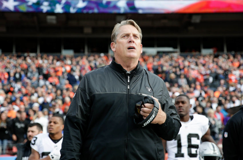 Jan 1, 2017; Denver, CO, USA; Oakland Raiders head coach Jack Del Rio before the game against the Denver Broncos at Sports Authority Field at Mile High. Mandatory Credit: Isaiah J. Downing-USA TODAY Sports