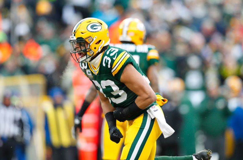 Jan 8, 2017; Green Bay, WI, USA; Green Bay Packers defensive back Micah Hyde (33) celebrates a play during the game against the New York Giants at Lambeau Field. Mandatory Credit: Jeff Hanisch-USA TODAY Sports