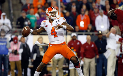 Jan 9, 2017; Tampa, FL, USA; Clemson Tigers quarterback Deshaun Watson (4) throws the ball against the Alabama Crimson Tide in the 2017 College Football Playoff National Championship Game at Raymond James Stadium. Mandatory Credit: Kim Klement-USA TODAY Sports