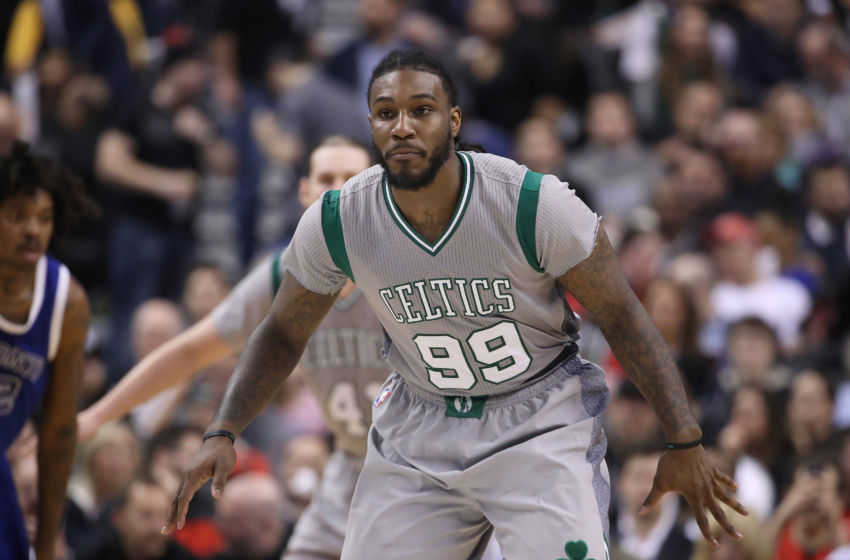 Jan 10, 2017; Toronto, Ontario, CAN; Boston Celtics forward Jae Crowder (99) plays defense against the Toronto Raptors at Air Canada Centre. The Raptors beat the Celtics 114-106. Mandatory Credit: Tom Szczerbowski-USA TODAY Sports