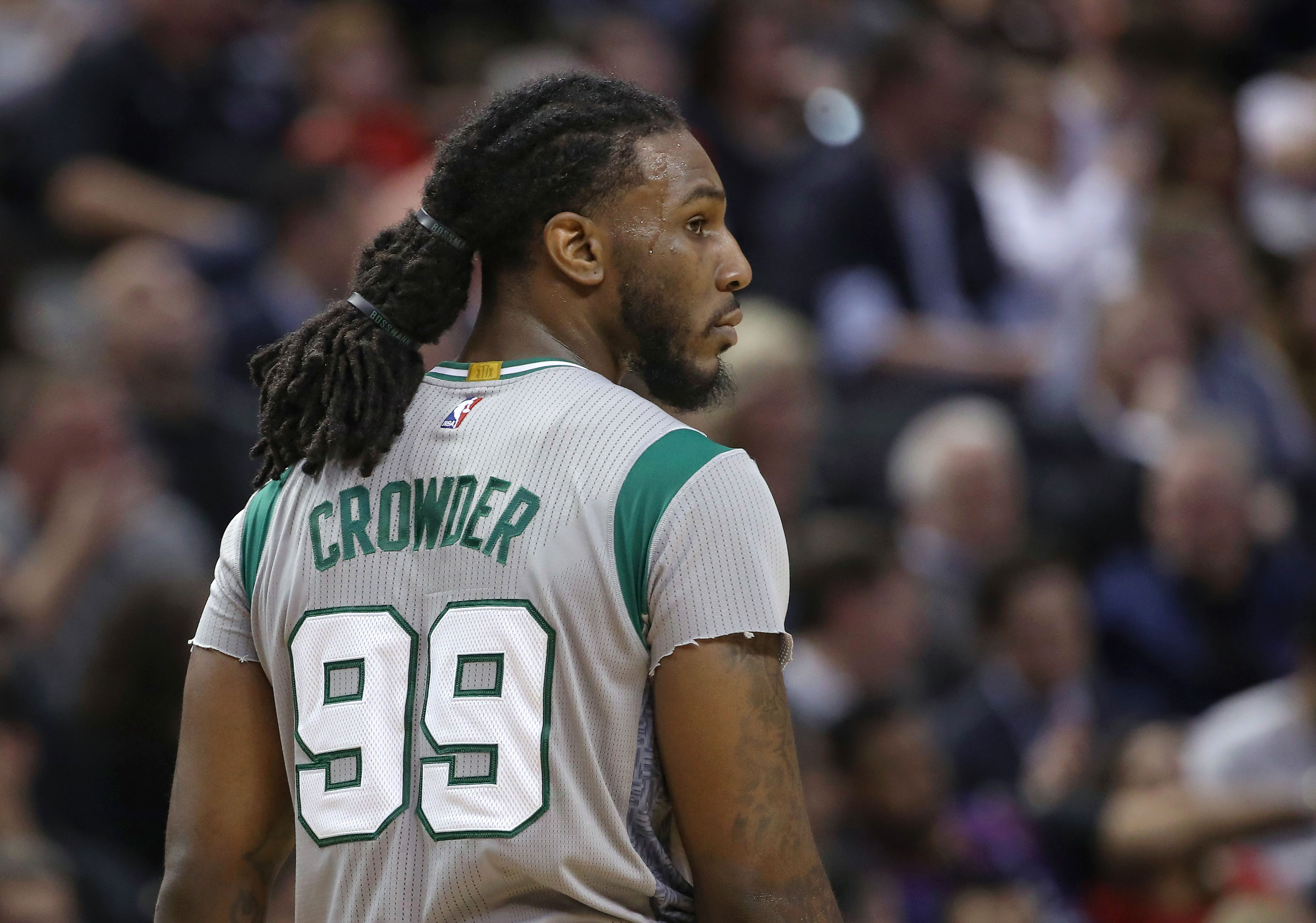 Jan 10, 2017; Toronto, Ontario, CAN; Boston Celtics forward Jae Crowder (99) during their game against the Toronto Raptors at Air Canada Centre. The Raptors beat the Celtics 114-106. Mandatory Credit: Tom Szczerbowski-USA TODAY Sports