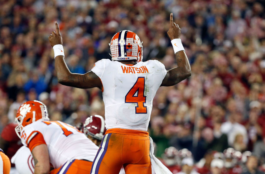 Jan 9, 2017; Tampa, FL, USA; Clemson Tigers quarterback Deshaun Watson (4) calls a play against the Alabama Crimson Tide in the 2017 College Football Playoff National Championship Game at Raymond James Stadium. Mandatory Credit: Kim Klement-USA TODAY Sports