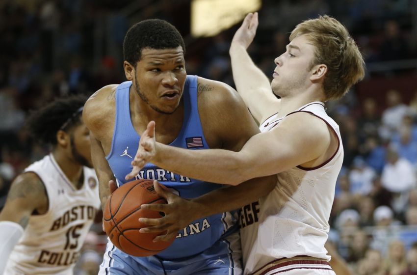 Jan 21, 2017; Chestnut Hill, MA, USA; North Carolina Tar Heels forward Kennedy Meeks (3) is guarded by Boston College Eagles forward Connar Tava (2) during the second half at Silvio O. Conte Forum. The North Carolina Tar Heels won 90-82. Mandatory Credit: Greg M. Cooper-USA TODAY Sports