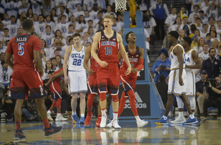 January 21, 2017; Los Angeles, CA, USA; Arizona Wildcats guard Allonzo Trier (35) after scoring a basket and drawing a foul against the UCLA Bruins during the second half at Pauley Pavilion. Mandatory Credit: Gary A. Vasquez-USA TODAY Sports