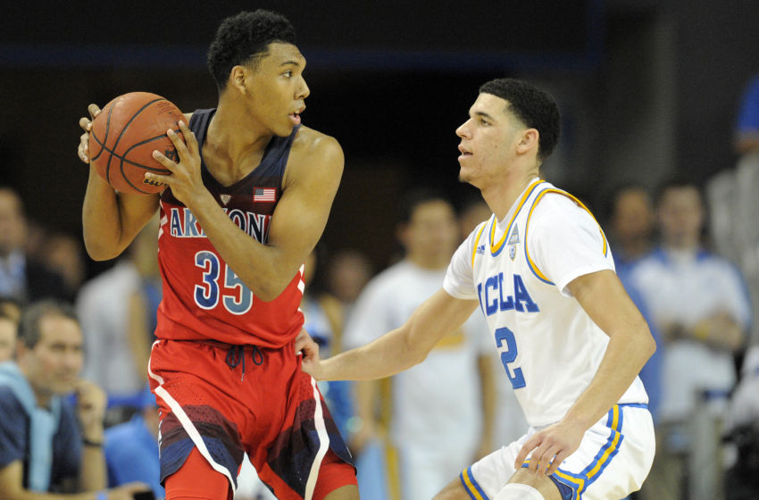 January 21, 2017; Los Angeles, CA, USA; Arizona Wildcats guard Allonzo Trier (35) controls the ball against UCLA Bruins guard Lonzo Ball (2) during the second half at Pauley Pavilion. Mandatory Credit: Gary A. Vasquez-USA TODAY Sports