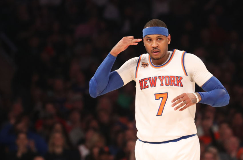 Jan 21, 2017; New York, NY, USA; New York Knicks forward Carmelo Anthony (7) gestures after a three point basket during the first quarter against the Phoenix Suns at Madison Square Garden. Mandatory Credit: Anthony Gruppuso-USA TODAY Sports